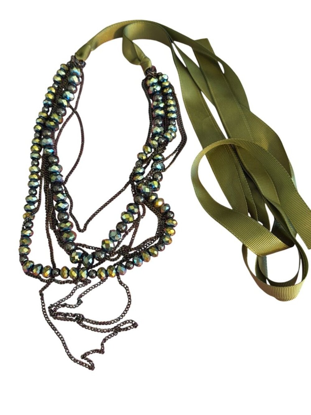 Glass Green Aurora Borealis Black Chain Ribbon Necklace Belt Layered 54" Total